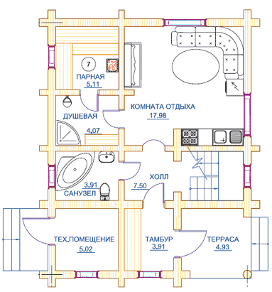 Проект деревянной бани - чертеж первого этажа