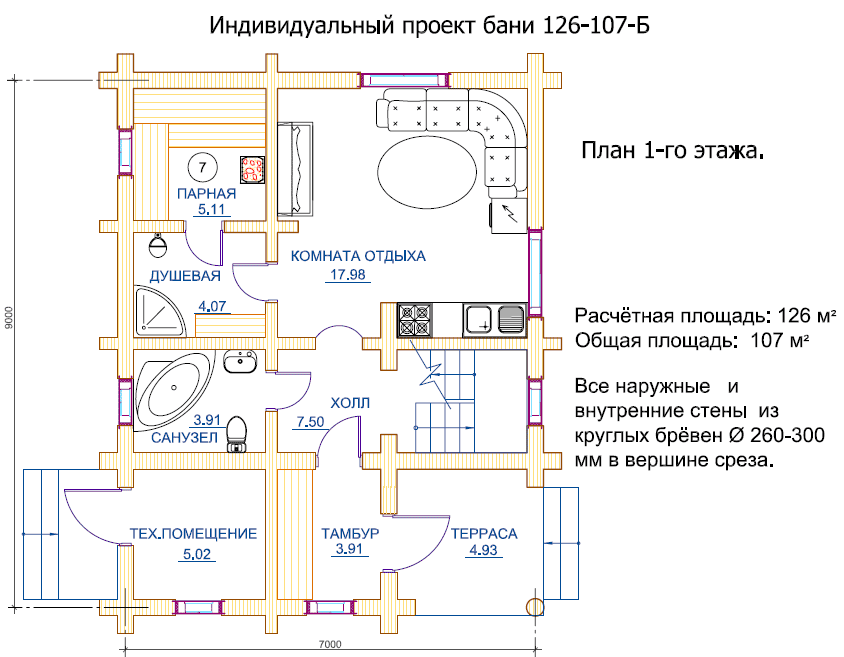 План первого этажа рубленой бани