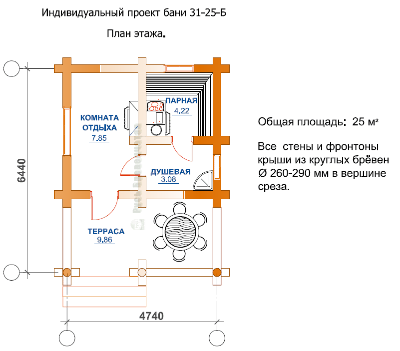 План расположения комнат в бревенчатой бане